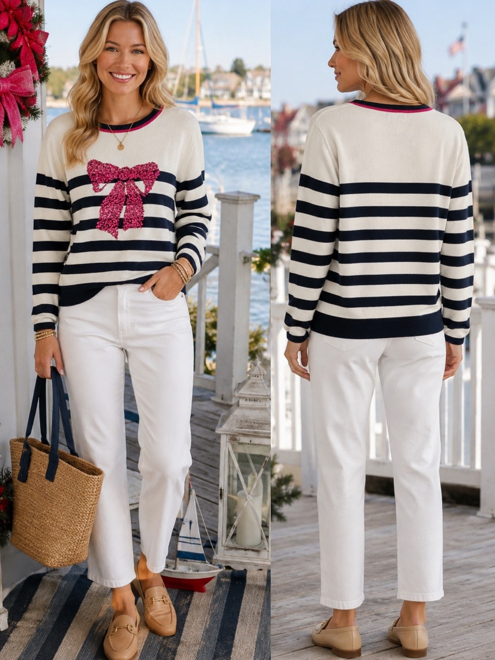 Kim Rogers White & Navy Striped Preppy Coastal Sweater w/Pink Sequin Bow Large
